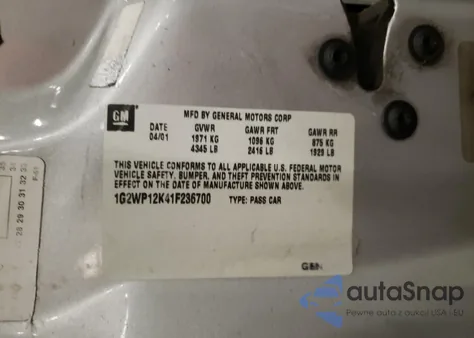 2001 Pontiac Grand Prix Gt z USA, uszkodzony, nr VIN 1G2WP12K41F236700